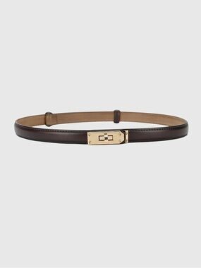 Commense Slim Dark Brown Leather Belt with Gold Turn-Lock